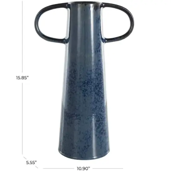 16" Dark Blue Ceramic Textured Cone Vase with Curved Handles {8}