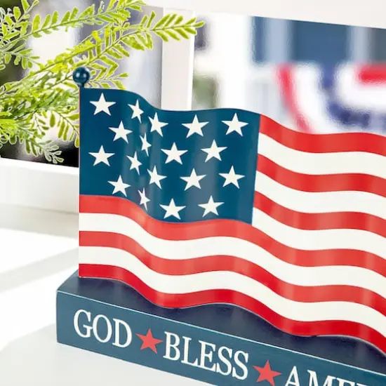 Glitzhome&reg; 14" Metal Patriotic America flag with Wooden Base Table D&eacute;cor {5}