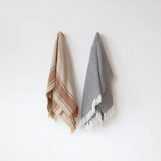 Hello Honey&reg; Charcoal & Cream Geometric Hand-Woven Reclaimed Fabric Throw with Fringe {5}