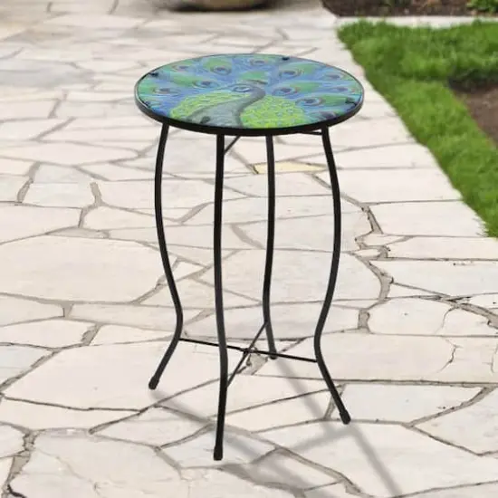 19" Blue & Green Peacock Glass Patio Side Table {3}