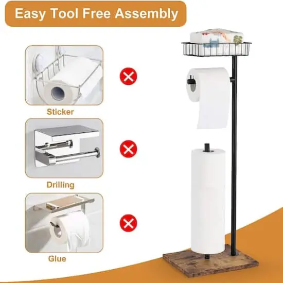 Black Freestanding Toilet Paper Holder Stand with Basket {8}
