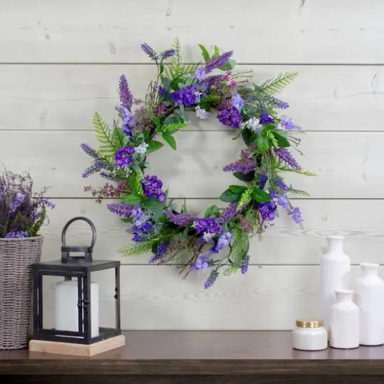 20" Purple Lavender & Spring Foliage Artificial Wreath {3}