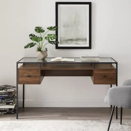 Walker Edison 56" Dark Walnut 2 Drawer Glass Top Desk {6}