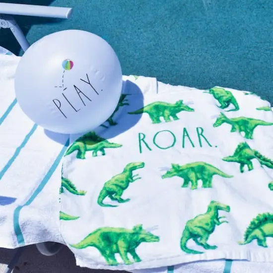 Rae Dunn Roar Dinosaur Kids Hooded Towel & Beach Ball Set {3}