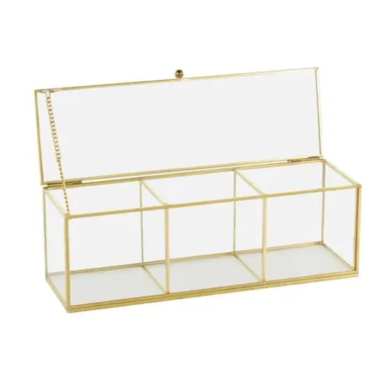 10" x 4" x 4" Clear & Gold 3-Slot Glass & Metal Slim Rectangular Jewelry Box with Chain Accent {4}