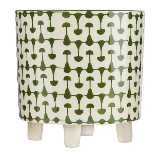Hello Honey&reg; 8" Footed Stoneware Planter with Abstract Print Green {4}