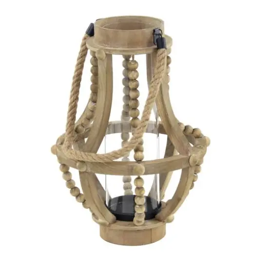 Beige Recycled Wood Farmhouse LED Lantern, 16" x 10" x 10" {5}