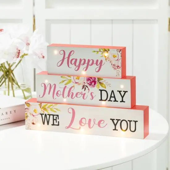 Glitzhome&reg; 12" Lighted Wood Happy Mother's Day Block Sign {4}