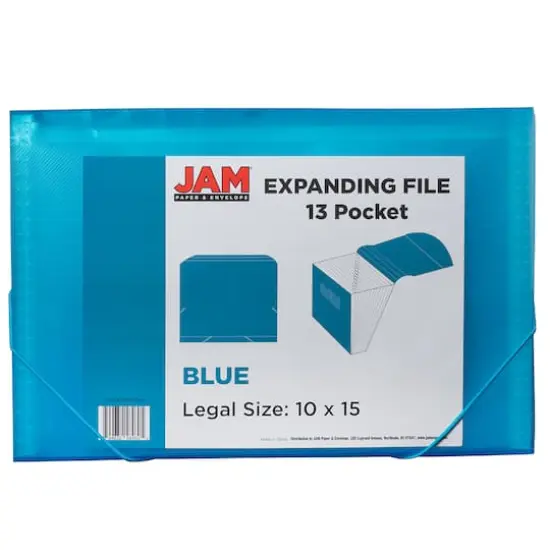JAM Paper 10" x 15" Legal Size 13 Pocket Plastic Expanding File Accordion Folder Blue {5}