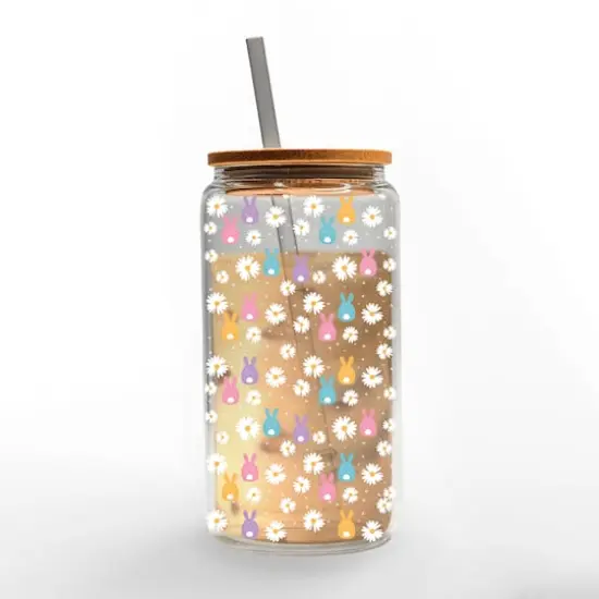 16oz. Pastel Bunny & Daisy Glass Can Cup {3}