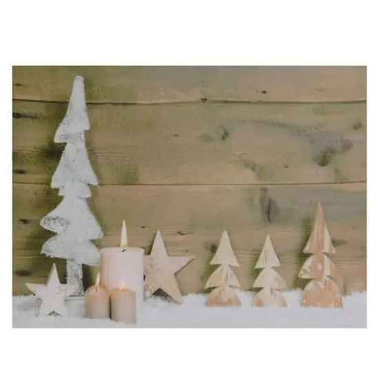 LED Lighted Flickering Candles And Winter Wooden Trees Canvas Wall Art {1}