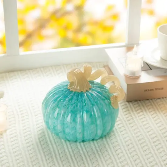Glitzhome&reg; 6" Fall Turquoise Round Glass Pumpkin {4}