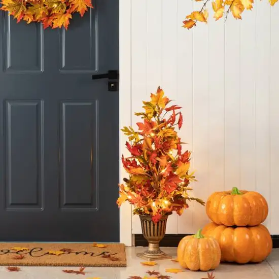 Glitzhome&reg; 3ft. Fall Lighted Maple Leaves Tree in Urn with Timer {13}