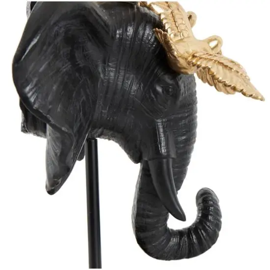 21" Black & Gold Polystone Elephant Head with Birds Statue {6}