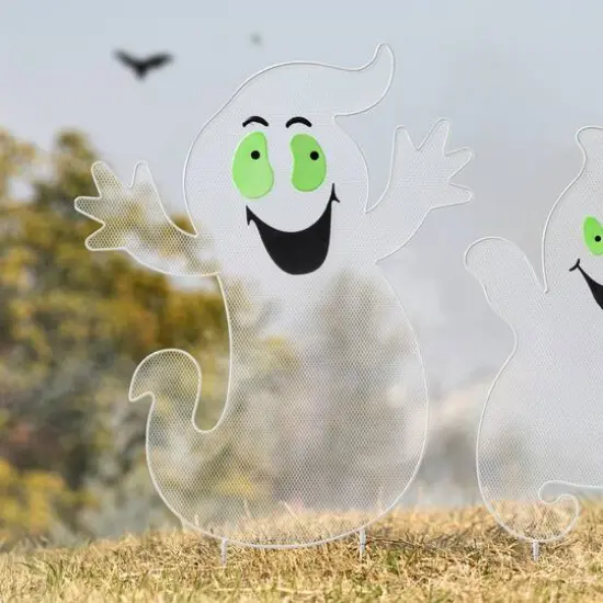 Glitzhome® 3.3ft. Halloween Metal Mesh Glow in Dark Ghost Family Yard Stake Set {5}
