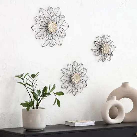 Habitat Decor Maggie Black & Gold Flower Metal Wall Art Set {3}
