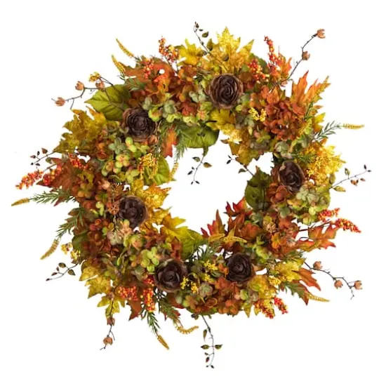 32" Hydrangea, Ranunculus & Maple Leaf Autumn Artificial Wreath {1}