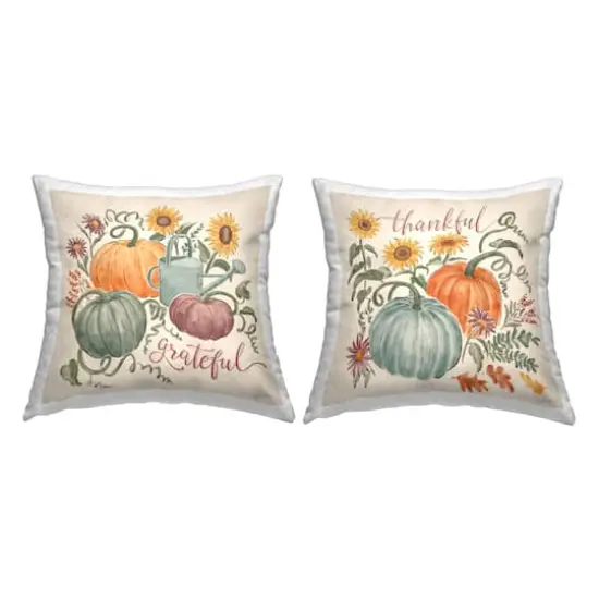Stupell Industries Thankful Grateful Autumnal Plants Floral Pumpkins Throw Pillow Set {1}