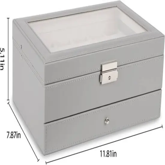 NEX&trade; Gray Double Layer Leather Watch Box with Glass Top {3}