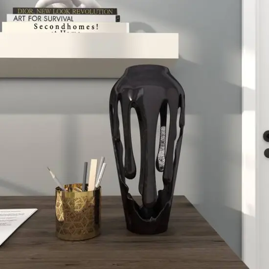 15" Black Aluminum Drip Vase with Melting Designed Body {10}