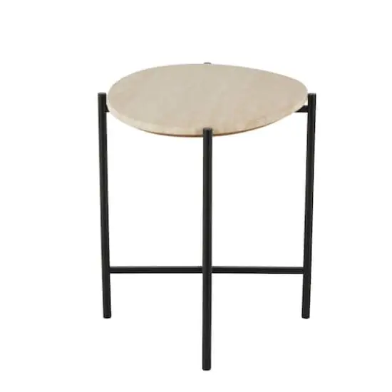 19.75" Beige Marble Accent Table with Black Metal Support {4}