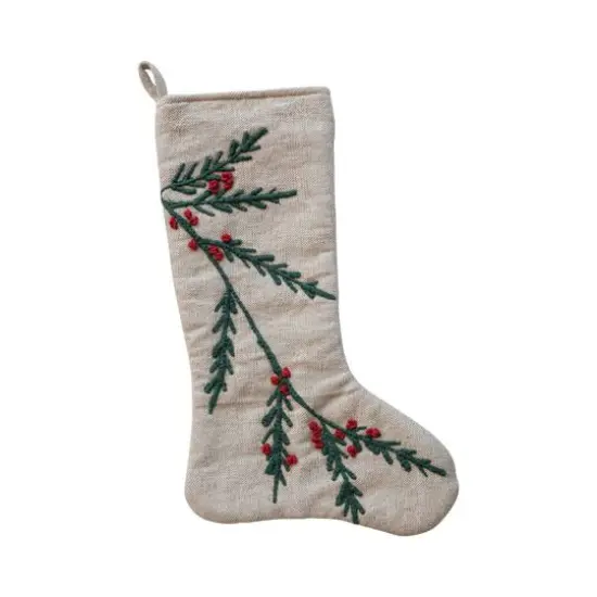 Hello Honey&reg; 20" Natural White, Green & Red Woven Cotton & Jute Stocking with Embroidered Holly & Berries {1}