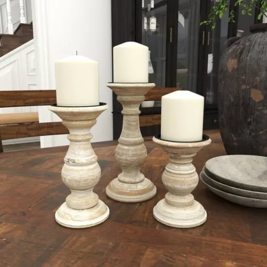 Mango Wood Traditional Candle Holder Set Cream {11}