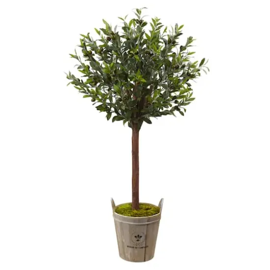 4.5ft. Olive Topiary Tree with Farmhouse Barrel Planter {1}