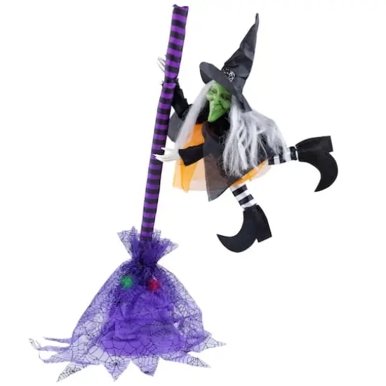 25" Animated Flying Witch with Broom Halloween Decoration {4}