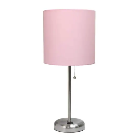 Creekwood Home Oslo 19.5" Power Outlet Table Lamp Brushed Steel Base/Light Pink Shade {1}