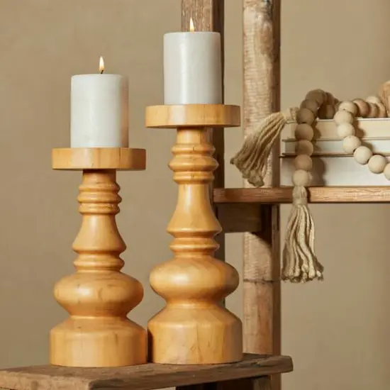 Brown Wood Round Turned Style Pillar Candle Holder Set {7}