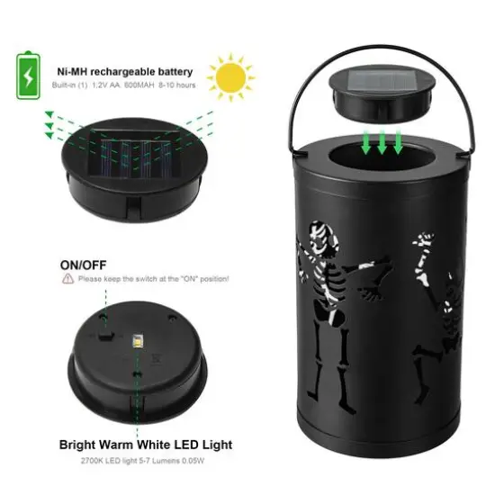 Glitzhome® 10.75" Halloween Metal Skeleton Solar Powered LED Lantern {9}