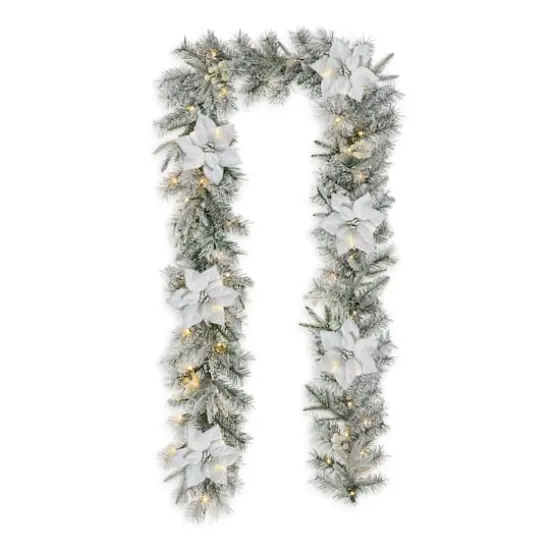 Glitzhome® 9ft. Pre-Lit Snow Flocked Greenery Pine Poinsettia Christmas Garland {1}