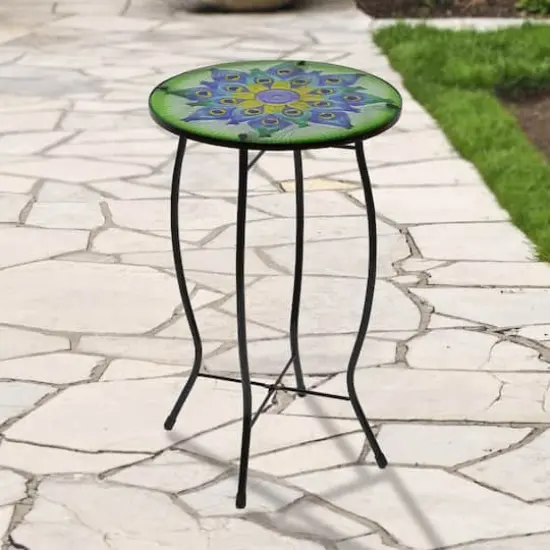 19" Green & Blue Peacock Flower Tail Glass Patio Side Table {3}