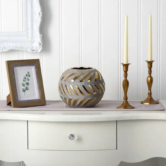 7" Regal Round Stone Vase with Gold Accents {3}