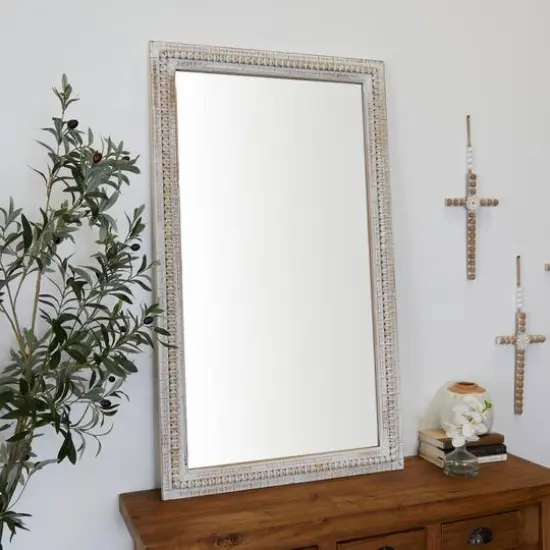 White Wood Carved Beaded Wall Mirror 28" x 1" x 48" {7}