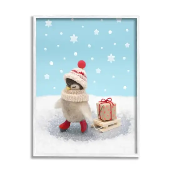 Stupell Industries Penguin Christmas Present Sled Framed Giclee Art White {1}