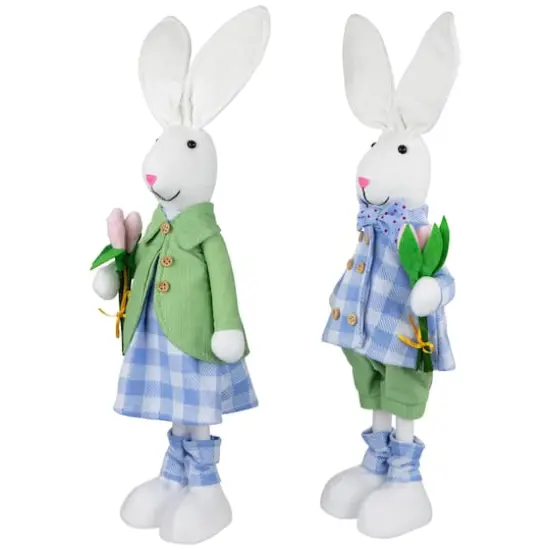 18.75" Bunny Couple in Matching Checkered Outfits Easter Figures Set {4}