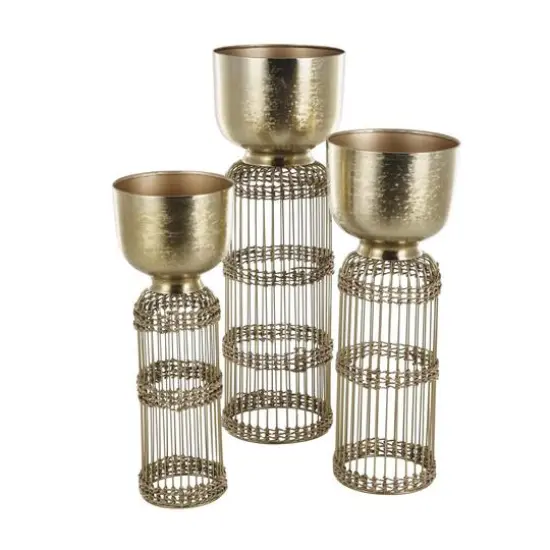 Gold Metal Textured Rounded Dome Planter & Pedestal Base Set {5}