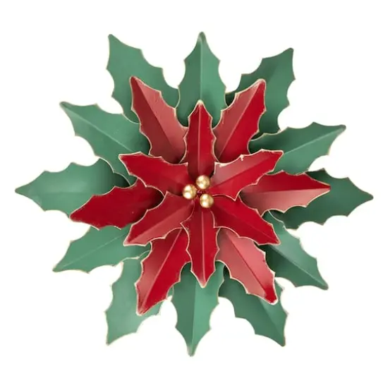 16.25" Large Red and Green Metal Poinsettia Christmas Wall Hanging {1}