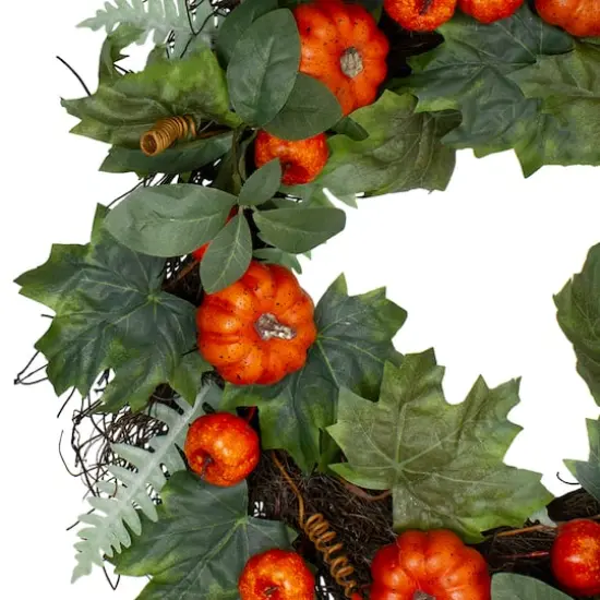 24'' Maple & Fern Leaves w/ Orange Pumpkins Artificial Wreath {4}