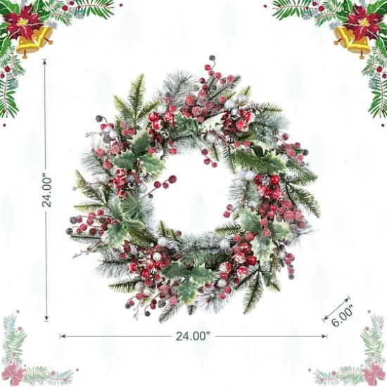 Glitzhome&reg; 24"D Christmas Red Pomegranate Berry & Holy Leaf Wreath {9}