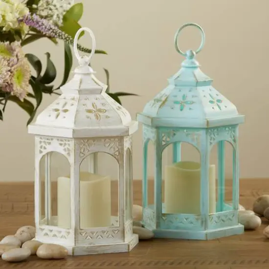 Kate Aspen White LED Hexagon Distressed Lantern Set {9}