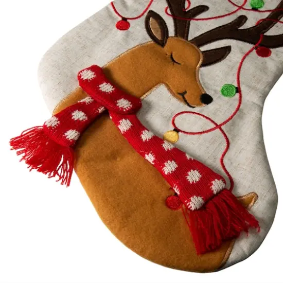 Glitzhome&reg; 21" LED Embroidered Reindeer Linen Christmas Stocking {7}
