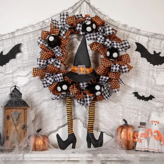 24'' Unlit Orange and Black Witch with Bows Halloween Wreath {3}