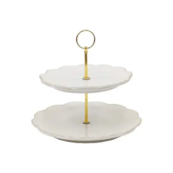 9" Gold-Edge Scalloped White Ceramic 2-Tier Tray by Ashland® {1}