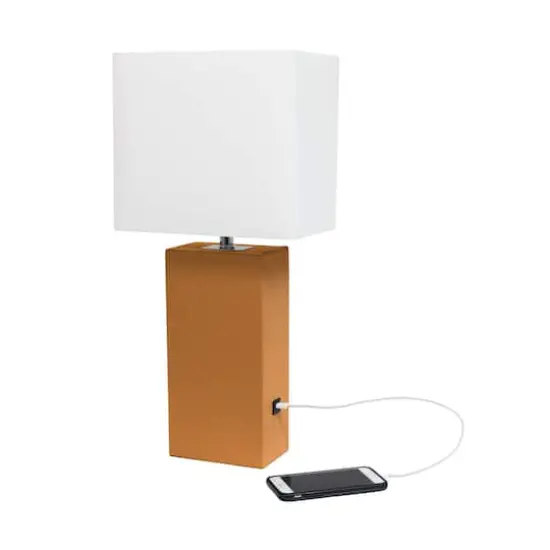 Lalia Home Lexington 21" Leather Table Lamp with USB Charging Port Tan {7}