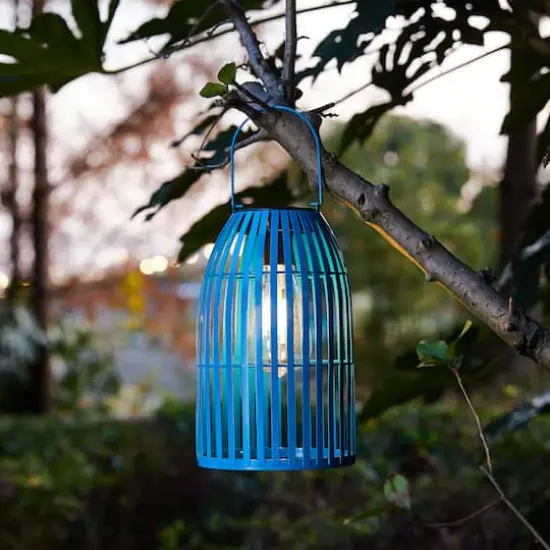 Glitzhome&reg; 10" Woven Solar Powered Outdoor Hanging Lantern Blue {6}
