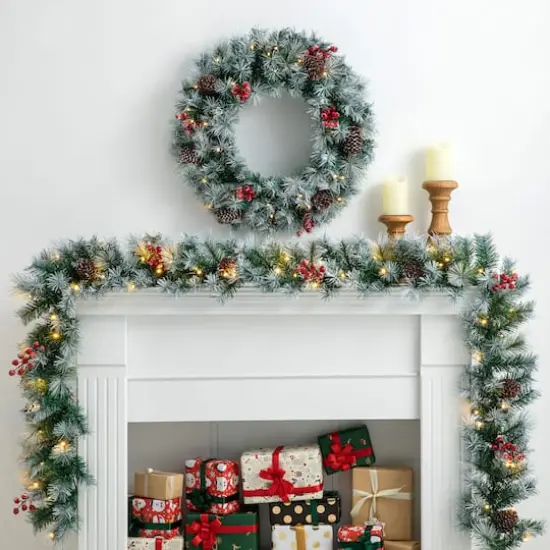 Glitzhome® 2 Pack 9ft. Pre-Lit Greenery Pinecones & Red Berries Christmas Garland {3}