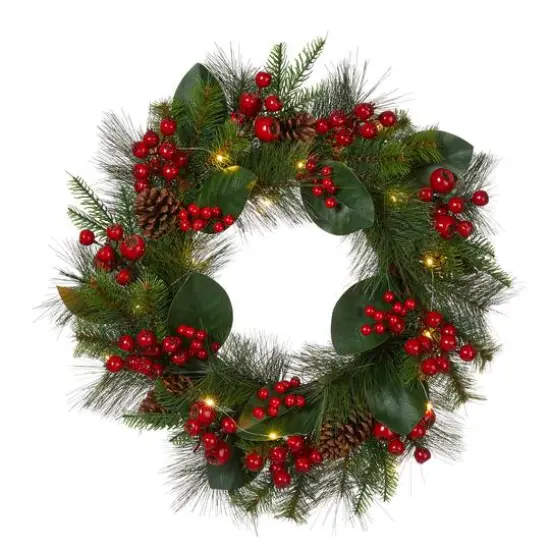 Glitzhome&reg; 24" Pre-Lit Berry, Magnolia Leaf & Pinecone Wreath {1}